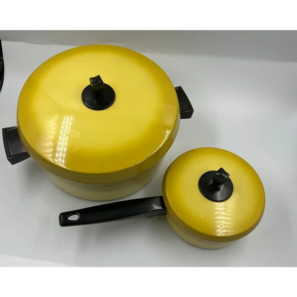 Vintage MidCentury Modern Yellow 2 Pot Set Sauce Pan Soup Pan 1 & 5 Quart 1970's